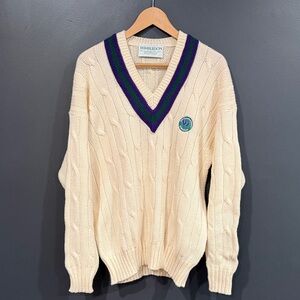 Wimbledon V-Neck Sweater in Cream with Purple Accents